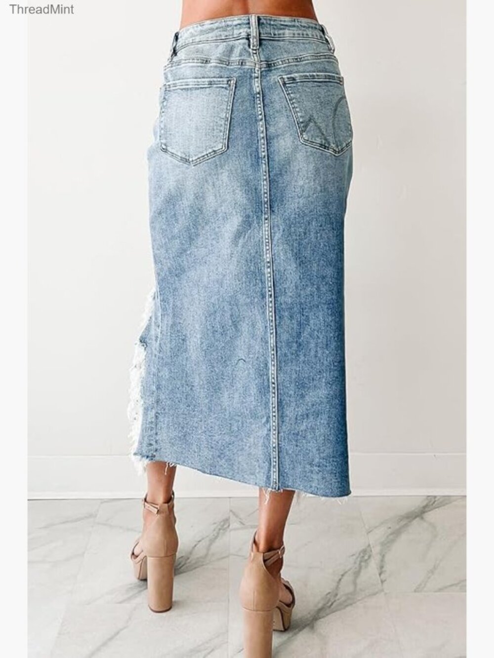 Ripped Distressed High Waist Denim Skirt Y2k Stretch Midi Skort - Picture 3 of 7